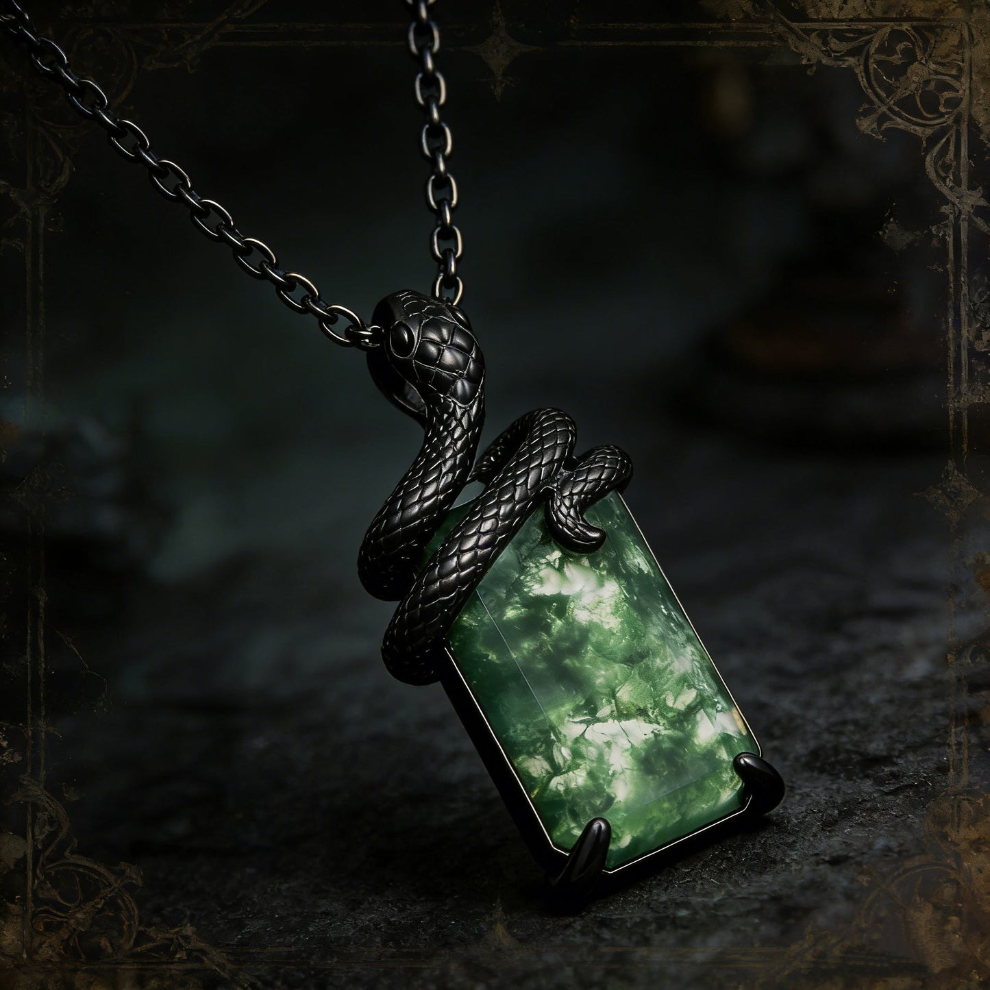 Emerald Cut Moss Agate Mystical Serpent Carved Black Gold Gothic Necklace For Girlfriend - "Cloak"