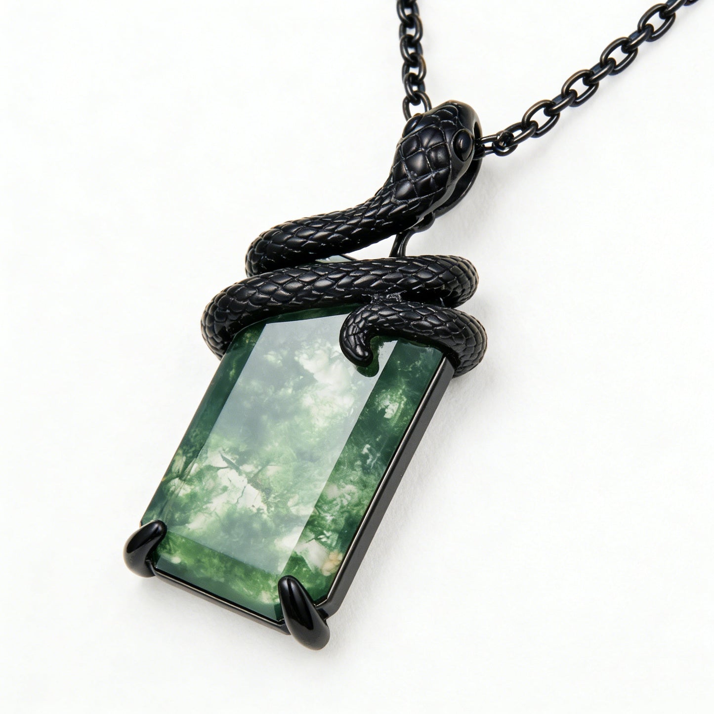 Emerald Cut Moss Agate Mystical Serpent Carved Black Gold Gothic Necklace For Girlfriend - "Cloak"