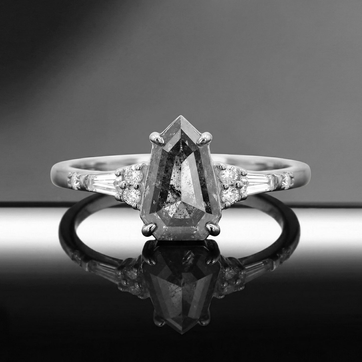 Vintage Inspired Shield Cut Salt and Pepper Diamond Art-Deco Engagement Ring