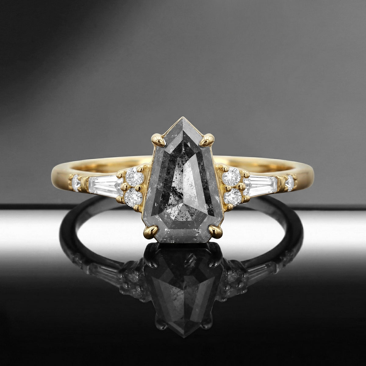 Vintage Inspired Shield Cut Salt and Pepper Diamond Art-Deco Engagement Ring