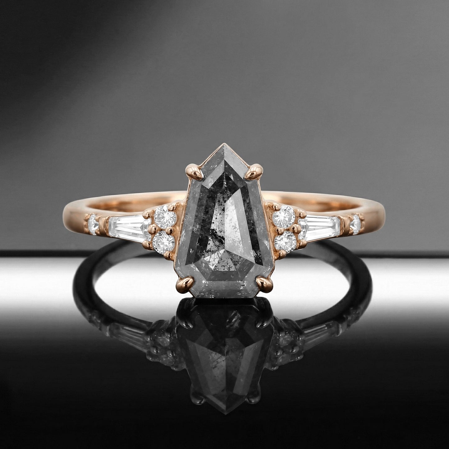 Vintage Inspired Shield Cut Salt and Pepper Diamond Art-Deco Engagement Ring