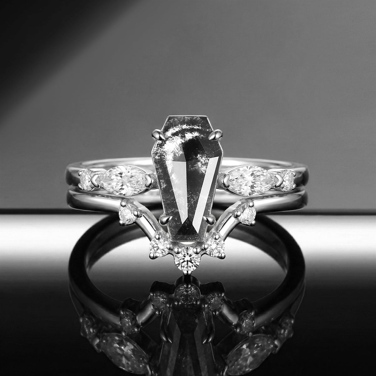 Coffin Cut Salt & Pepper Diamond Art-Deco Engagement Ring Set 2pcs