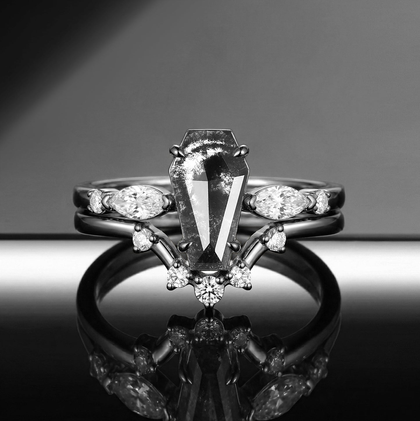 Coffin Cut Salt & Pepper Diamond Art-Deco Engagement Ring Set 2pcs