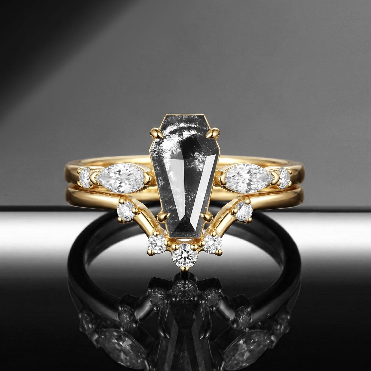 Coffin Cut Salt & Pepper Diamond Art-Deco Engagement Ring Set 2pcs