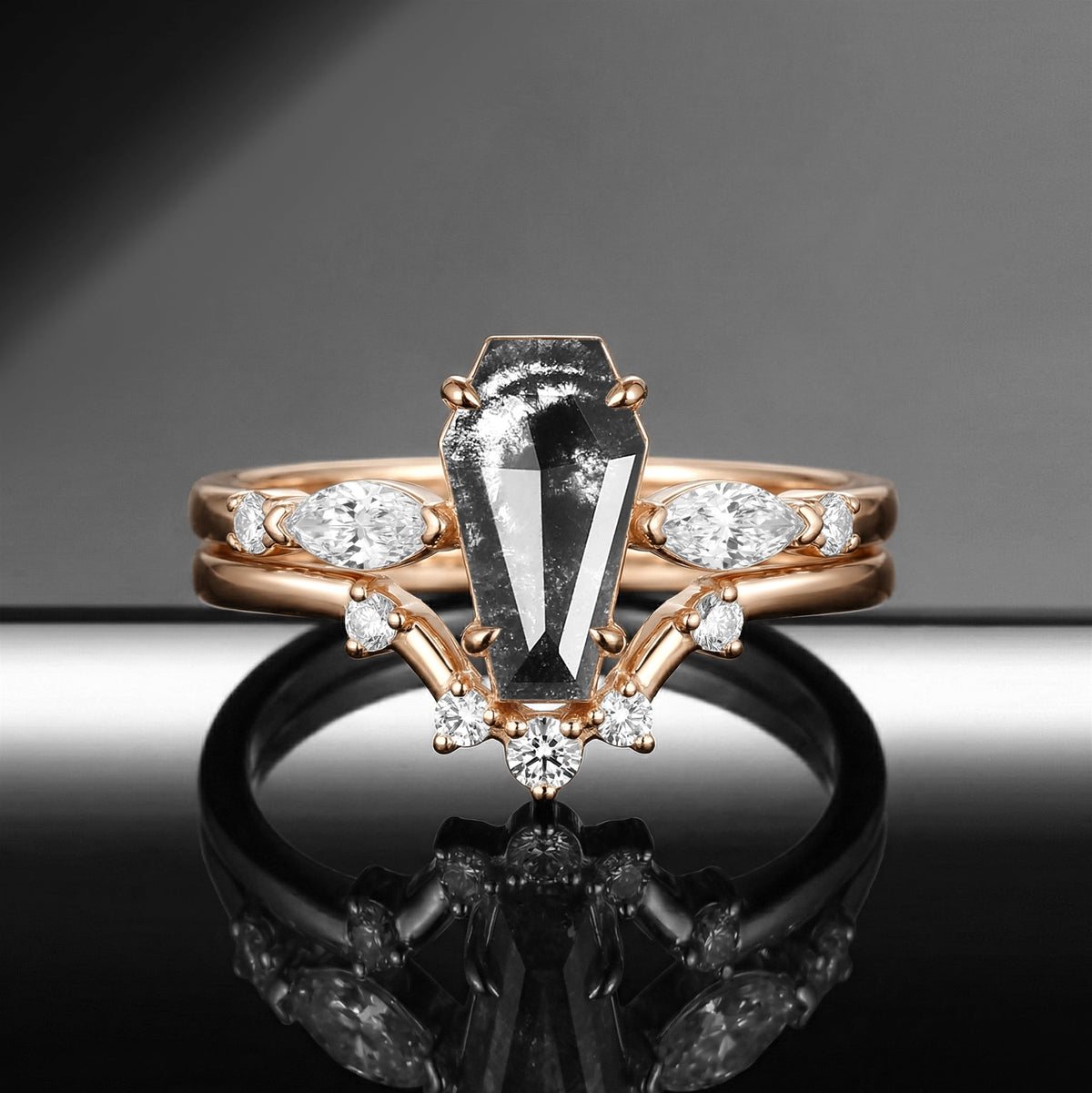 Coffin Cut Salt & Pepper Diamond Art-Deco Engagement Ring Set 2pcs
