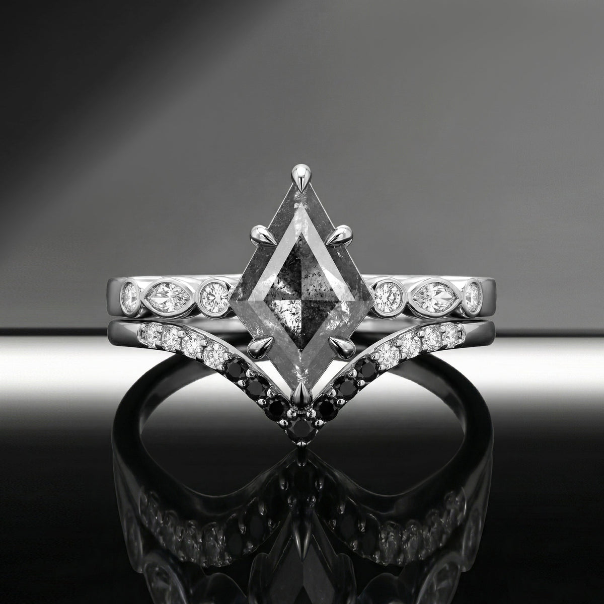 Art-Deco Kite Cut Salt & Pepper Diamond Bezel Pavé Cluster Engagement Ring Set 2pcs