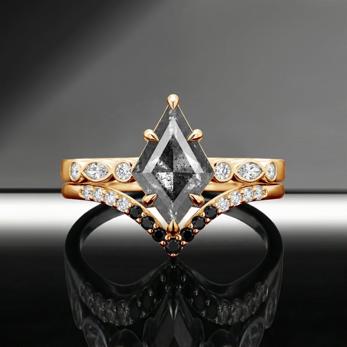Art-Deco Kite Cut Salt & Pepper Diamond Bezel Pavé Cluster Engagement Ring Set 2pcs