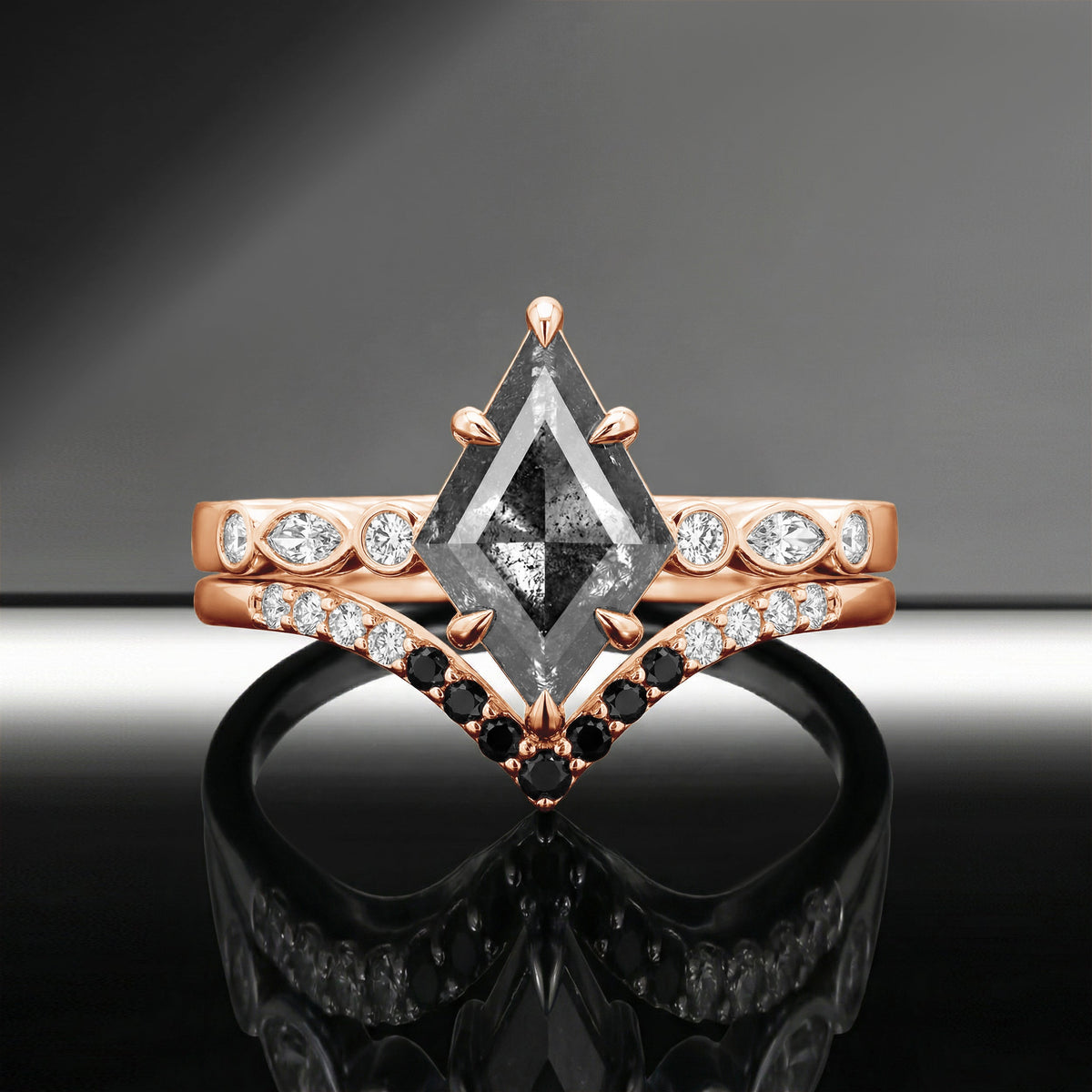 Art-Deco Kite Cut Salt & Pepper Diamond Bezel Pavé Cluster Engagement Ring Set 2pcs