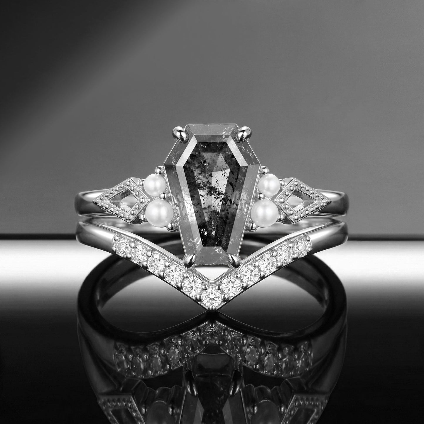 Coffin Cut Salt & Pepper Diamond Art-Deco Pearl Engagement Ring Set 2pcs