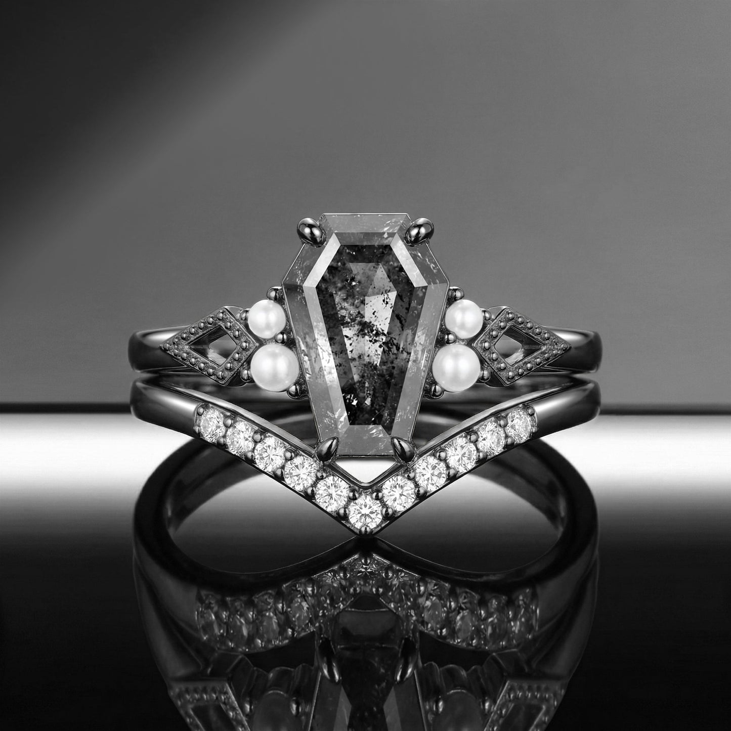 Coffin Cut Salt & Pepper Diamond Art-Deco Pearl Engagement Ring Set 2pcs