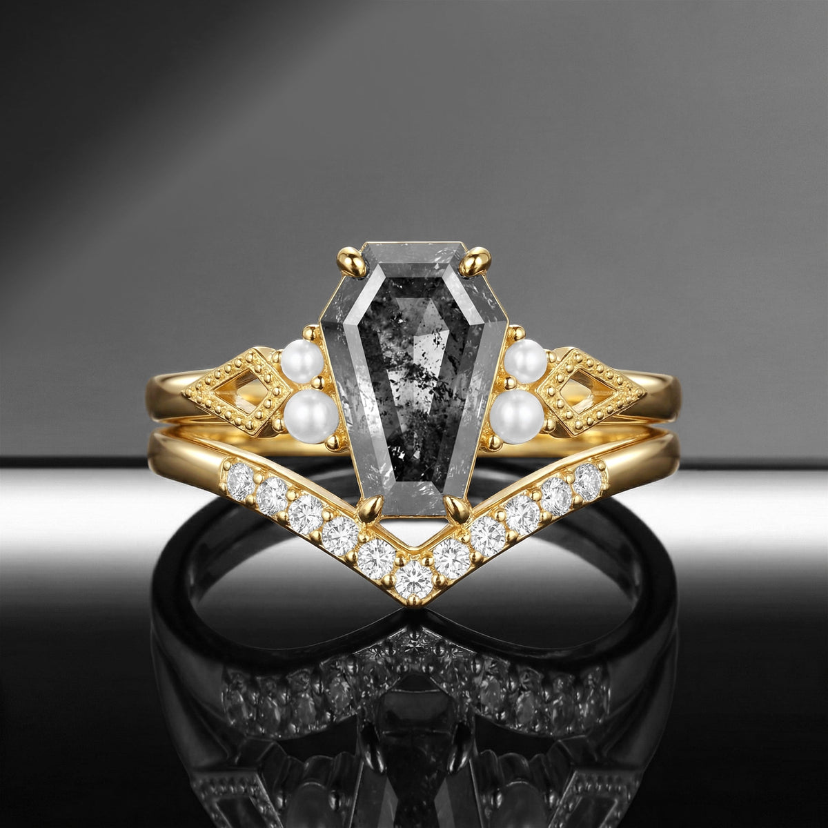 Coffin Cut Salt & Pepper Diamond Art-Deco Pearl Engagement Ring Set 2pcs