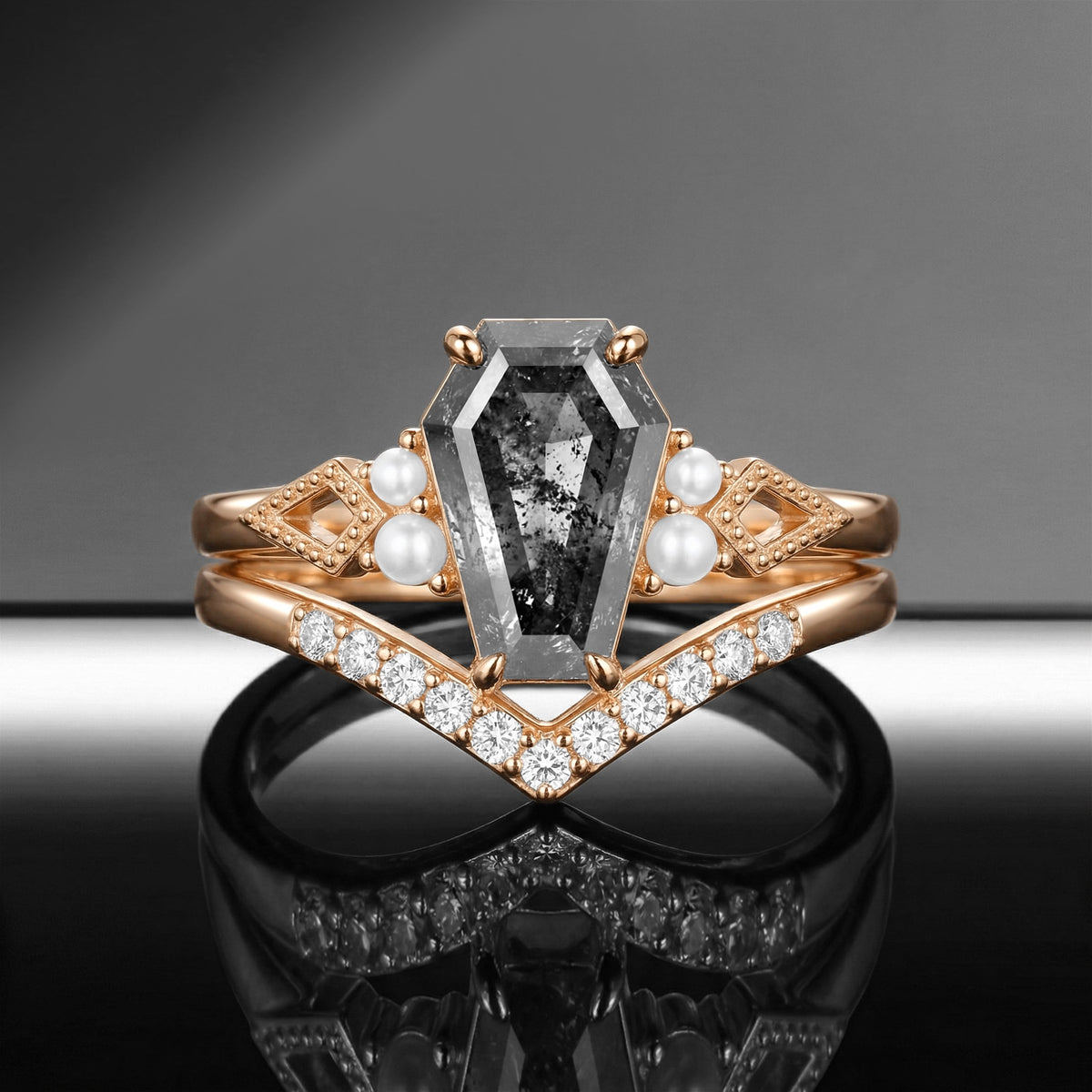 Coffin Cut Salt & Pepper Diamond Art-Deco Pearl Engagement Ring Set 2pcs