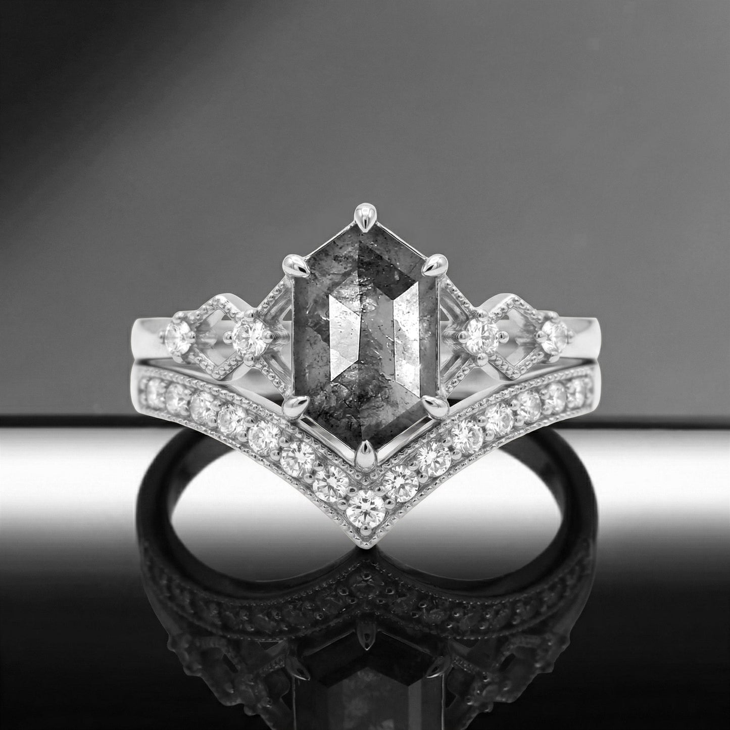 Art-Deco Long Hexagon Salt and Pepper Diamond Engagement Ring Set 2pcs