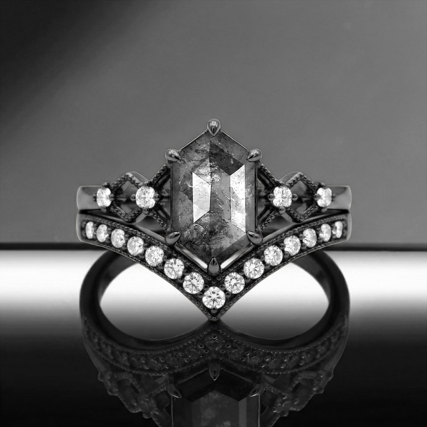 Art-Deco Long Hexagon Salt and Pepper Diamond Engagement Ring Set 2pcs