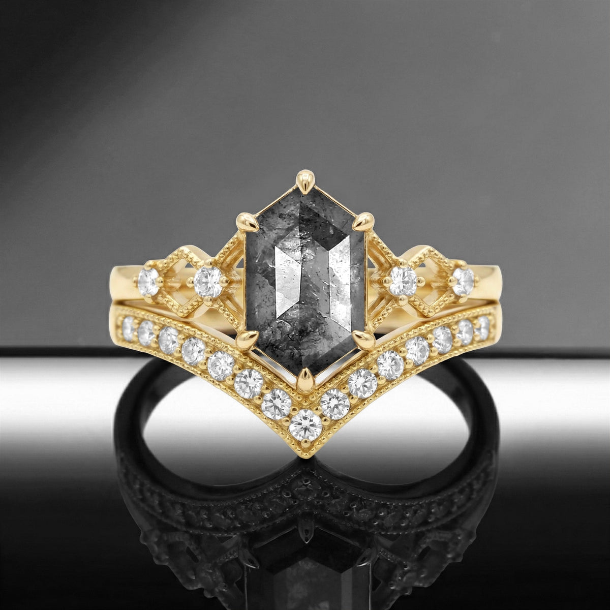 Art-Deco Long Hexagon Salt and Pepper Diamond Engagement Ring Set 2pcs