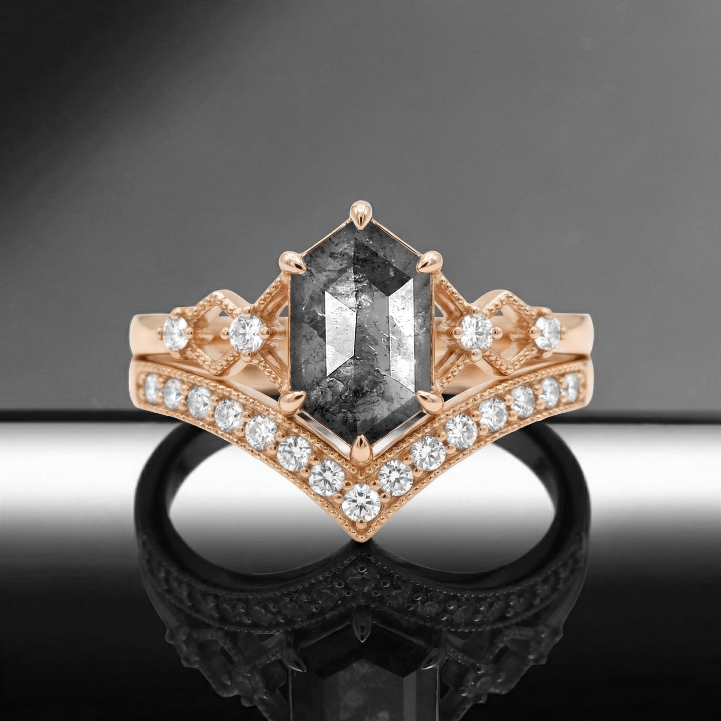 Art-Deco Long Hexagon Salt and Pepper Diamond Engagement Ring Set 2pcs
