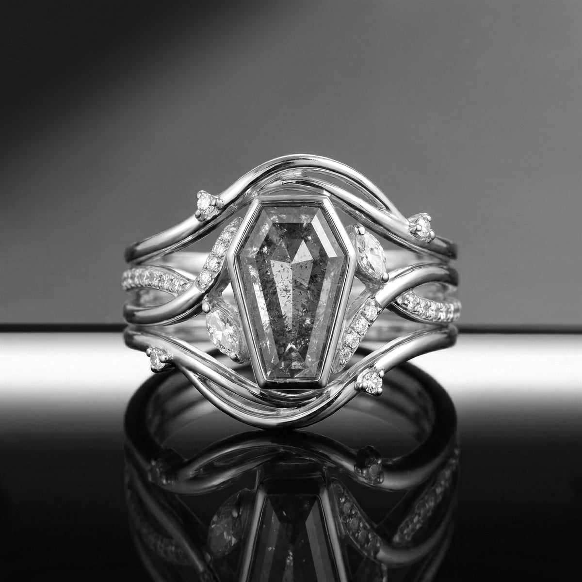 Art-Deco Coffin Salt & Pepper Diamond Wavy Infinity Engagement Ring Set 3pcs