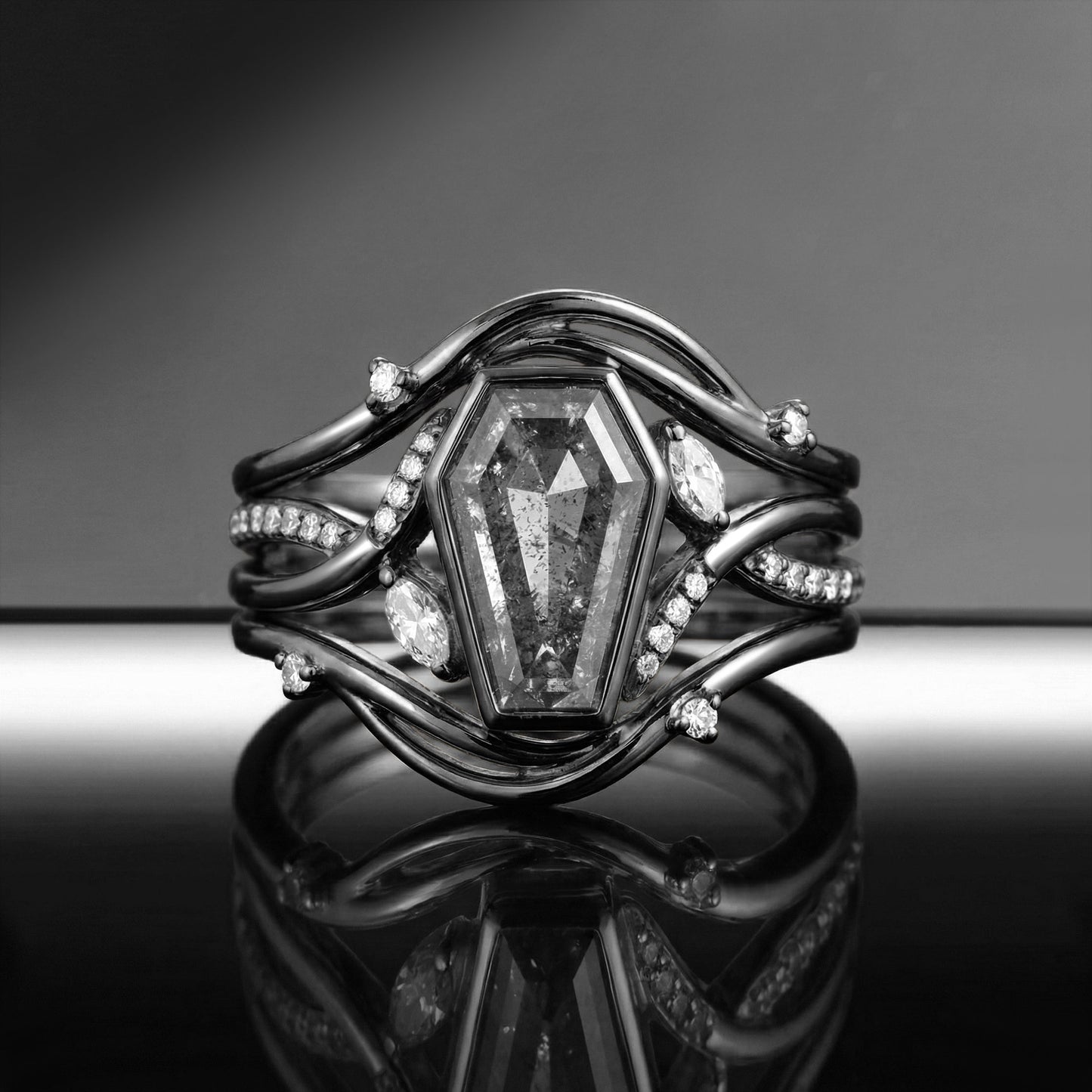Art-Deco Coffin Salt & Pepper Diamond Wavy Infinity Engagement Ring Set 3pcs