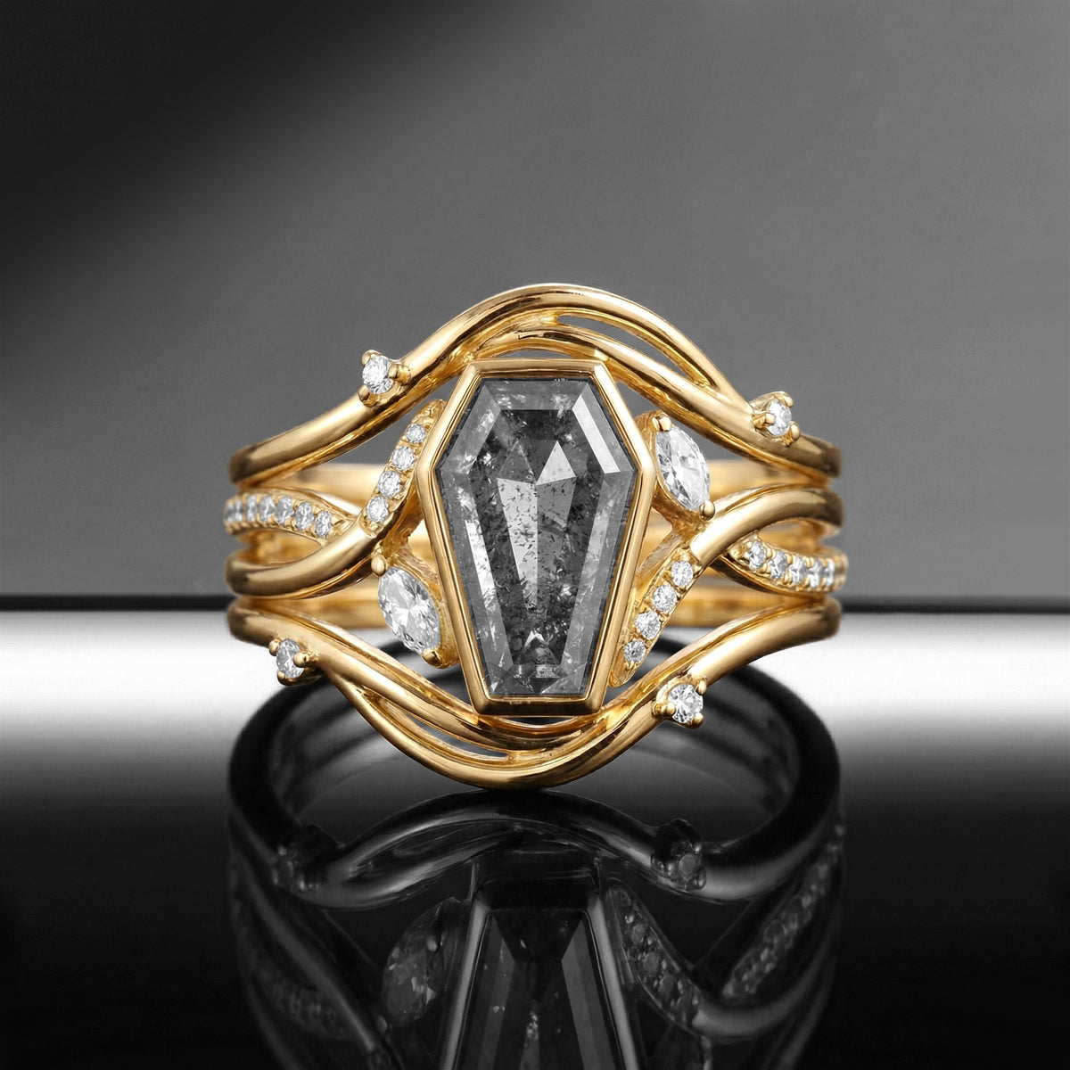 Art-Deco Coffin Salt & Pepper Diamond Wavy Infinity Engagement Ring Set 3pcs