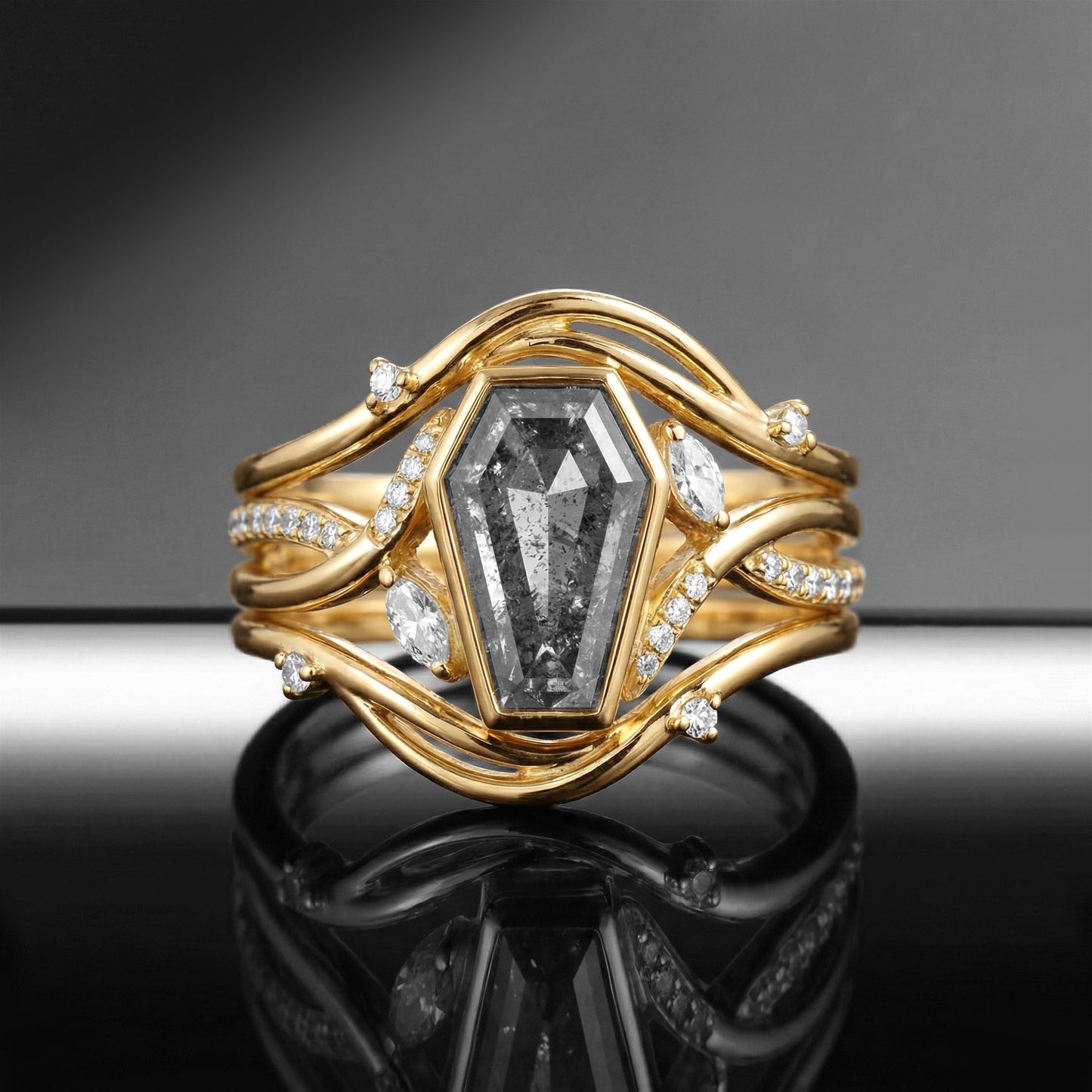 Art-Deco Coffin Salt & Pepper Diamond Wavy Infinity Engagement Ring Set 3pcs