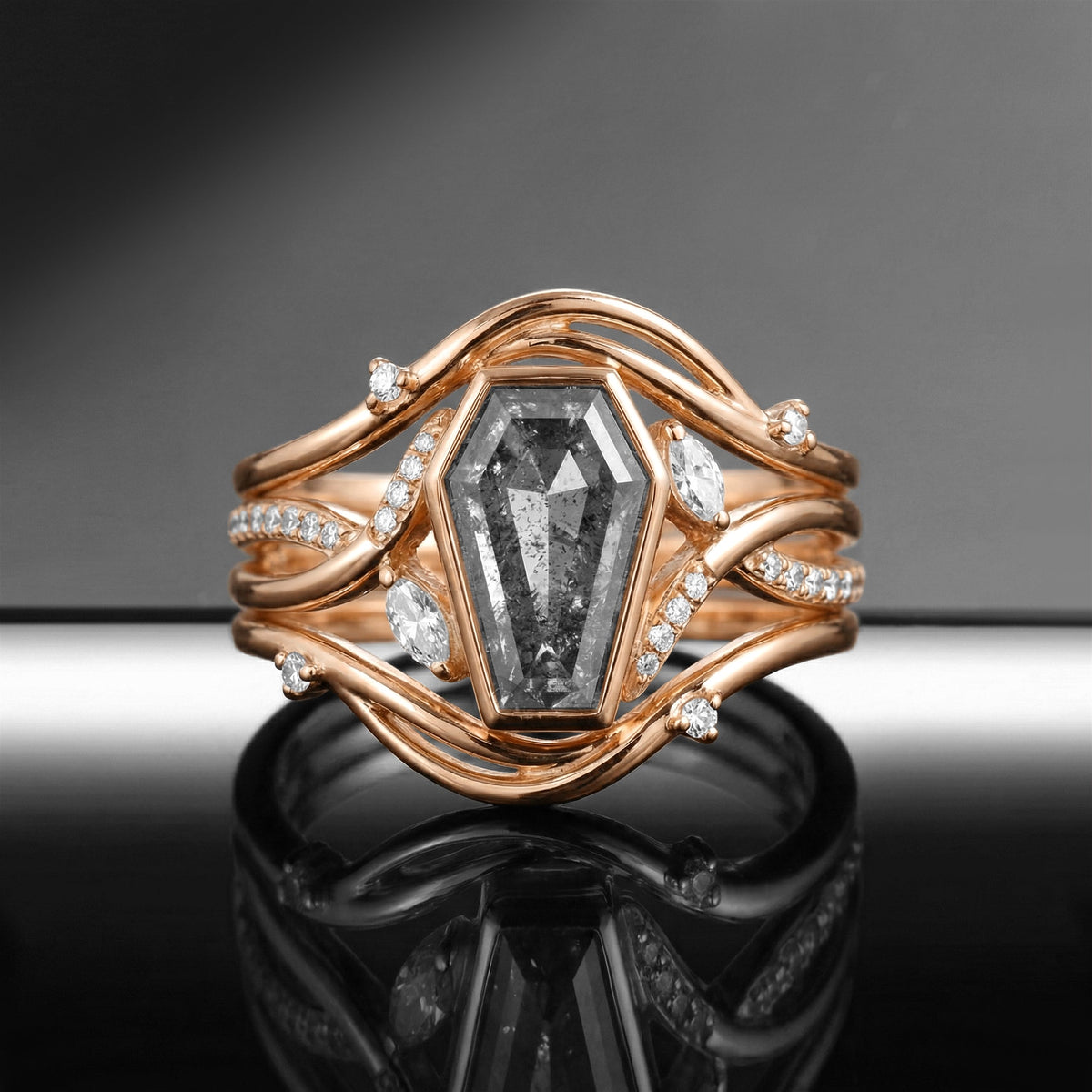 Art-Deco Coffin Salt & Pepper Diamond Wavy Infinity Engagement Ring Set 3pcs