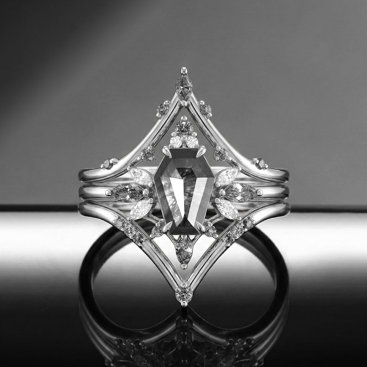 Coffin Salt & Pepper Diamond Butterfly Cluster Engagement Ring Set 3pcs