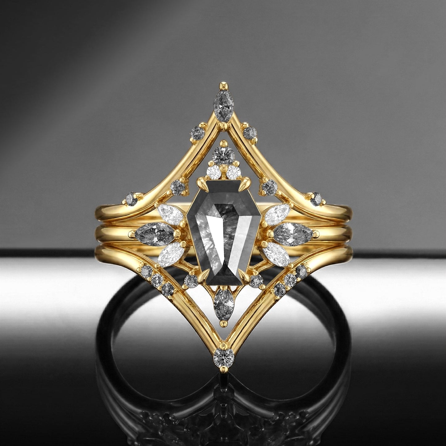 Coffin Salt & Pepper Diamond Butterfly Cluster Engagement Ring Set 3pcs