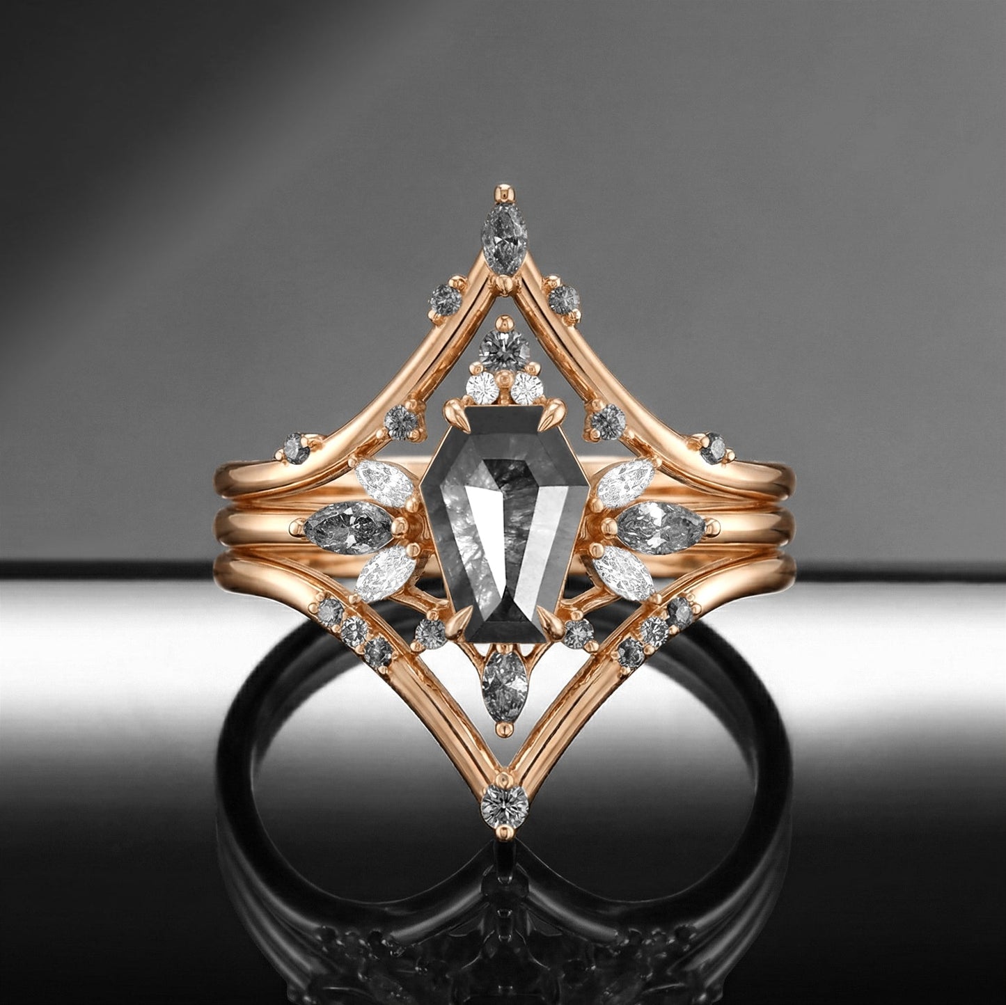 Coffin Salt & Pepper Diamond Butterfly Cluster Engagement Ring Set 3pcs