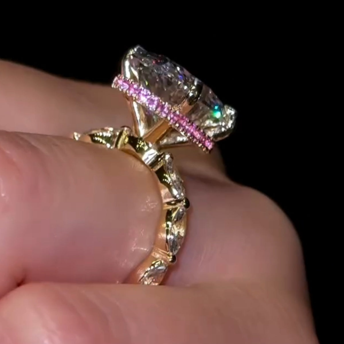 Breathtaking 5.5ct Oval Cut Marquise Bubble Band & Pink Halo Engagement Ring In Sterling Silver