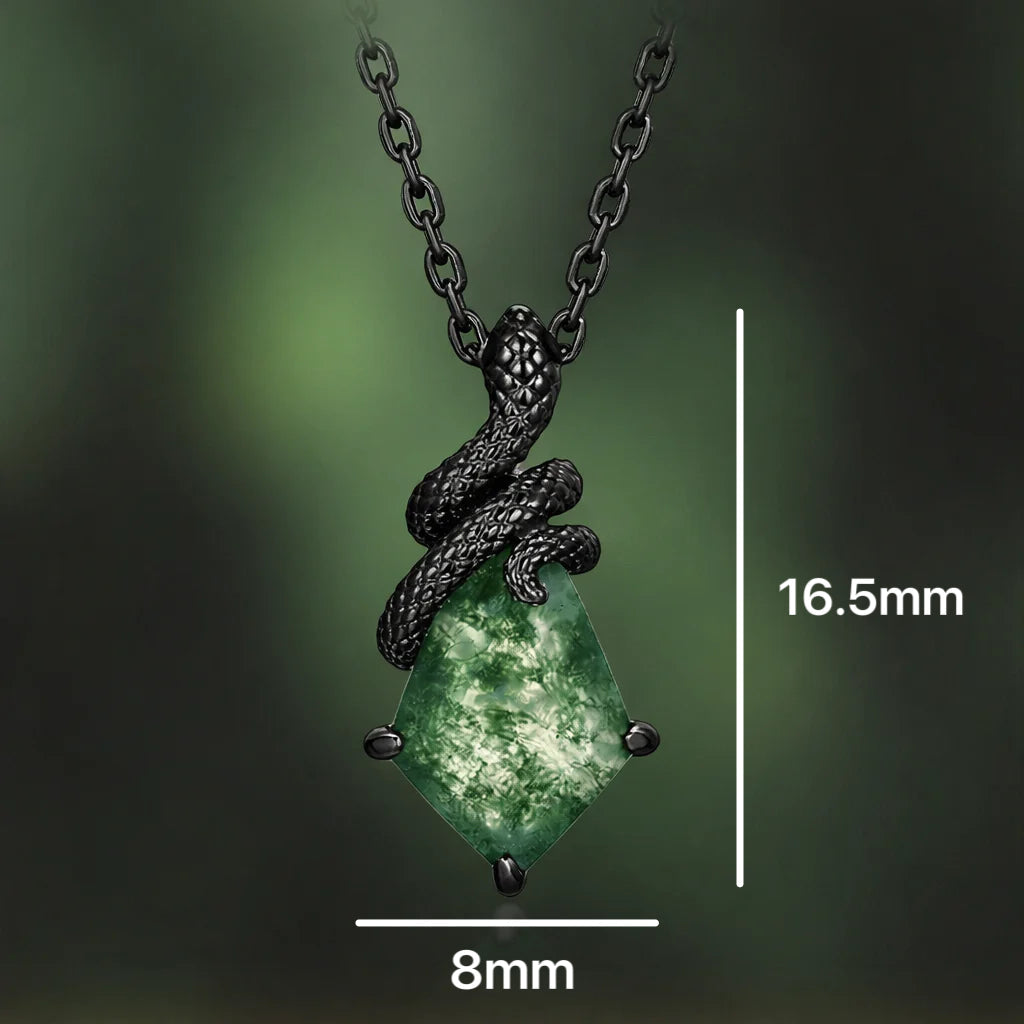 Oval Cut Moss Agate Mystical Serpent Carved Black Gold Gothic Necklace For Girlfriend - "Cloak"