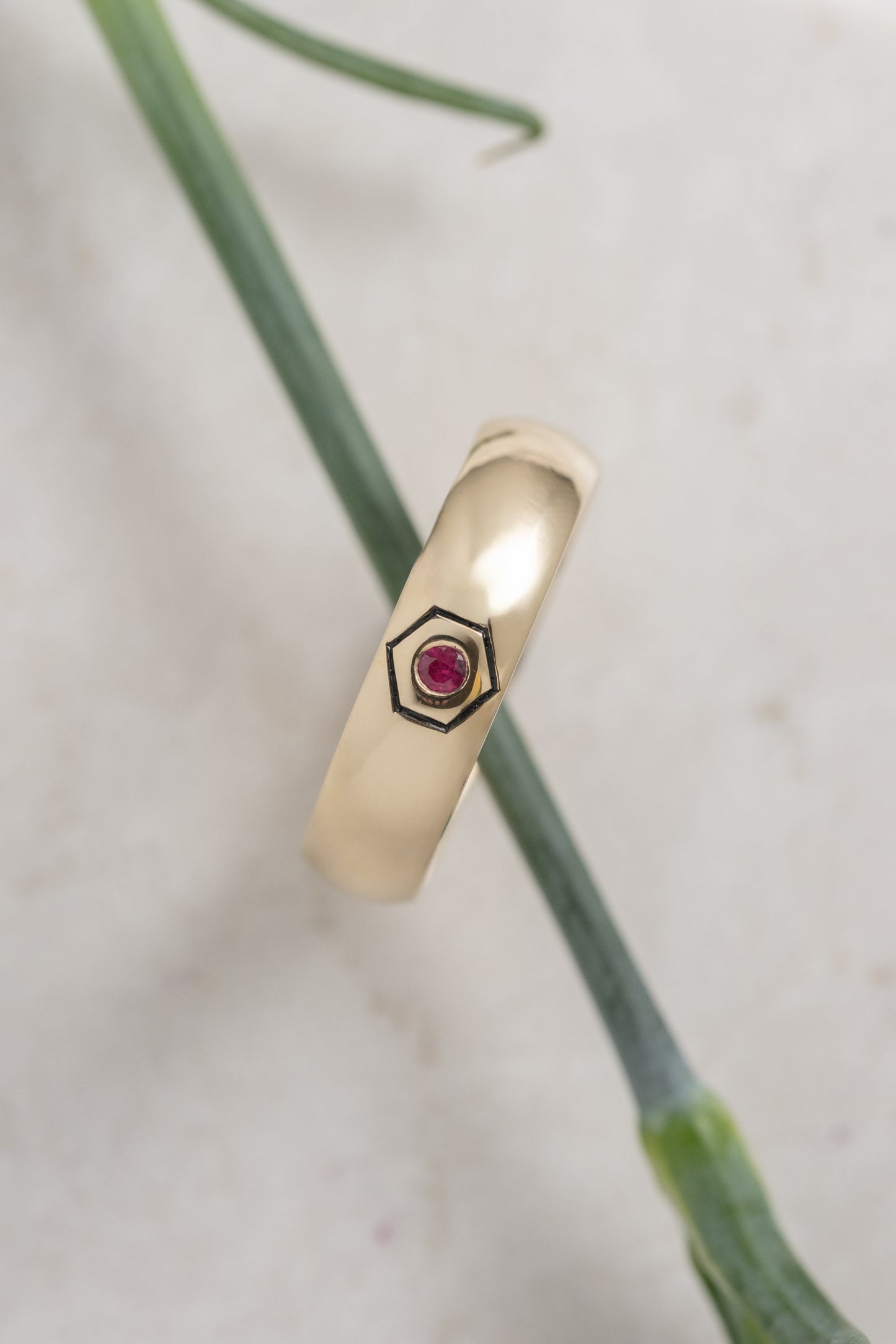 Hexagon Outlined Ruby Half Round Mens Wedding Band, Comfort Fit