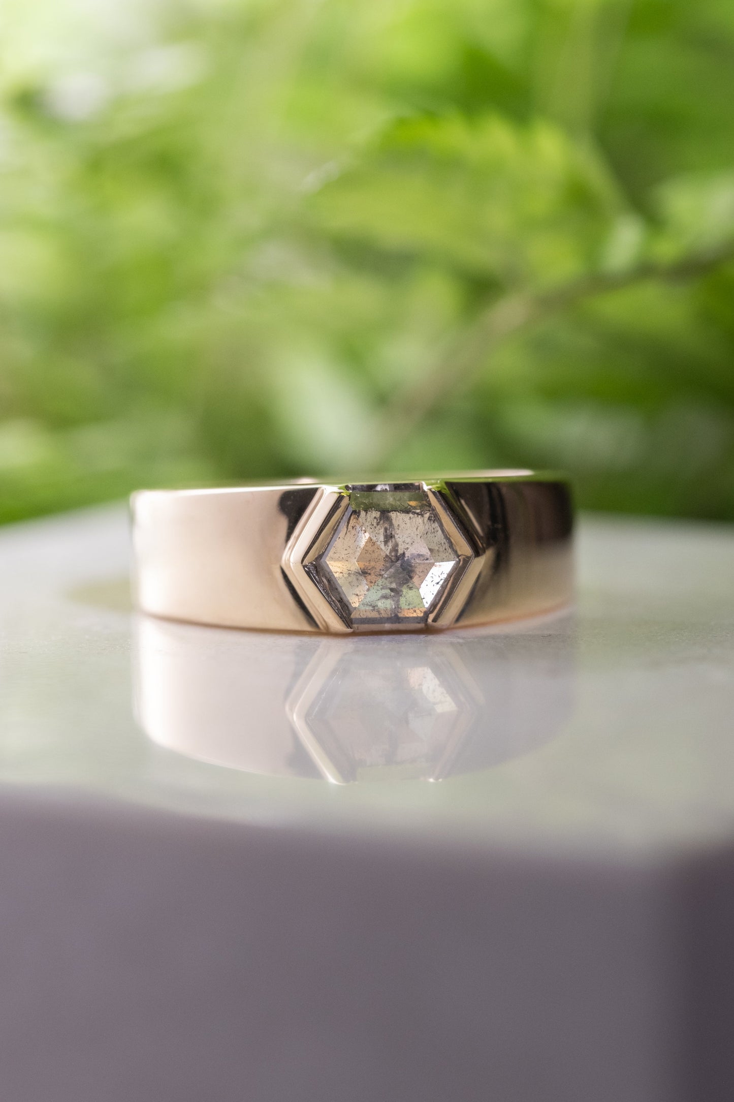 1.32 Carat Salt and Pepper Hexagon Diamond Engagement Ring, Cygnus Setting