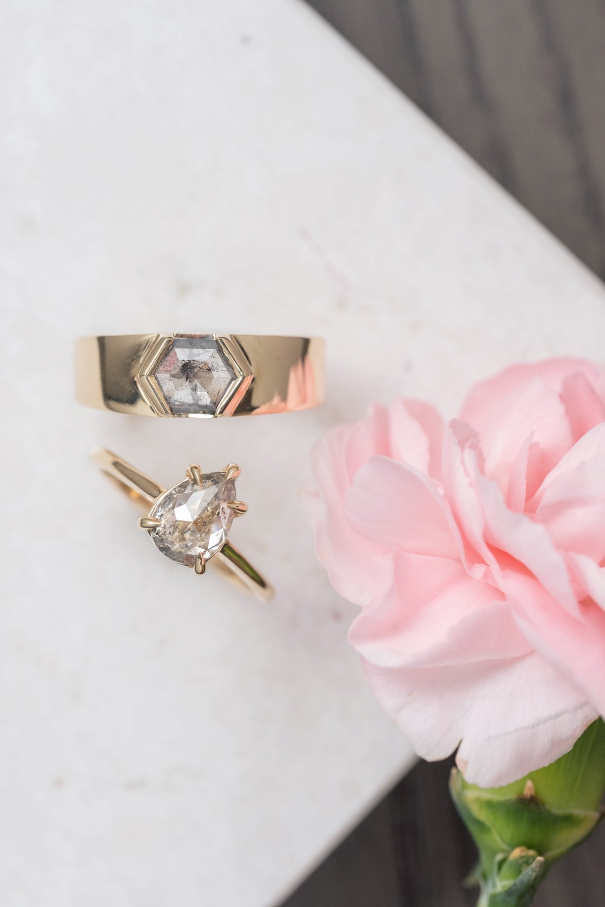 1.32 Carat Salt and Pepper Hexagon Diamond Engagement Ring, Cygnus Setting