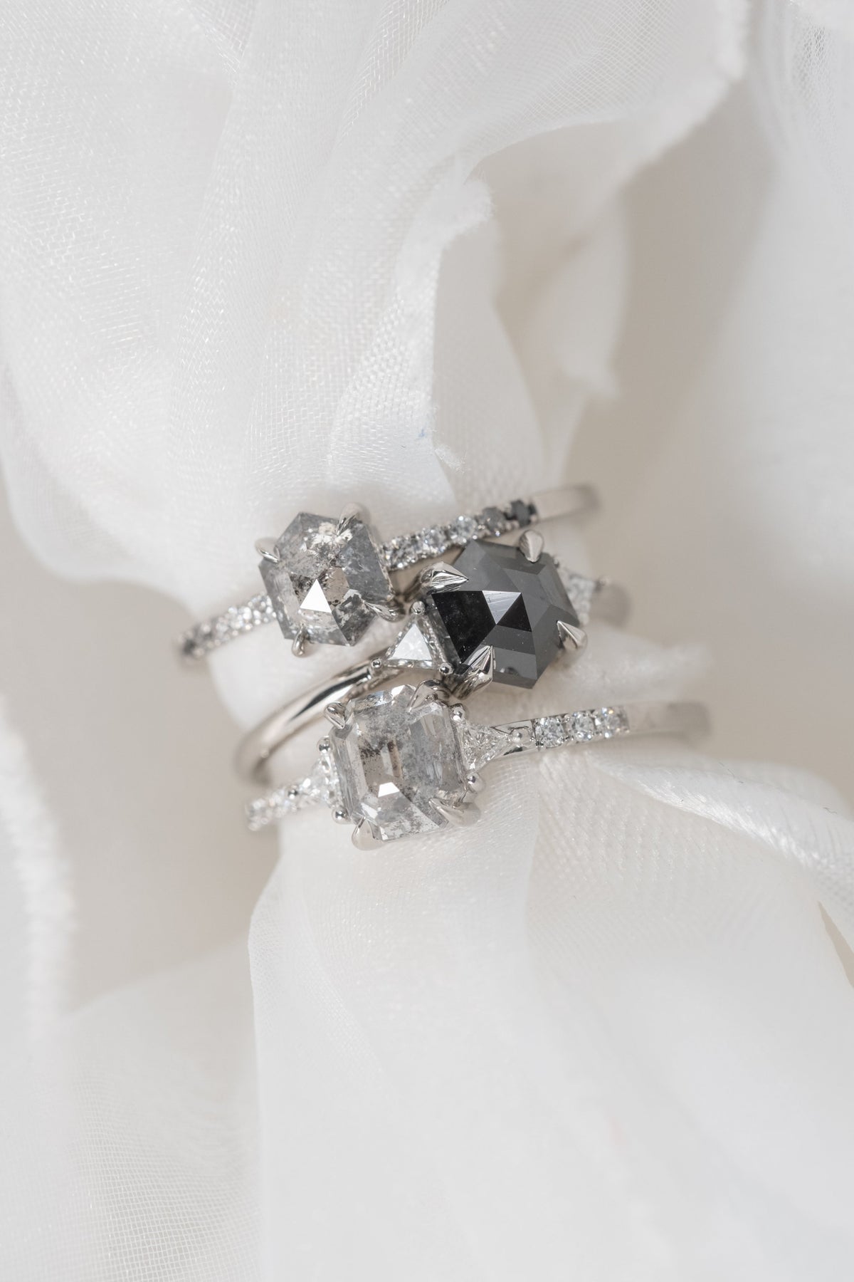 1.69 Carat Canadian Salt and Pepper Emerald Shaped Diamond Engagement Ring, Eliza Setting, Platinum
