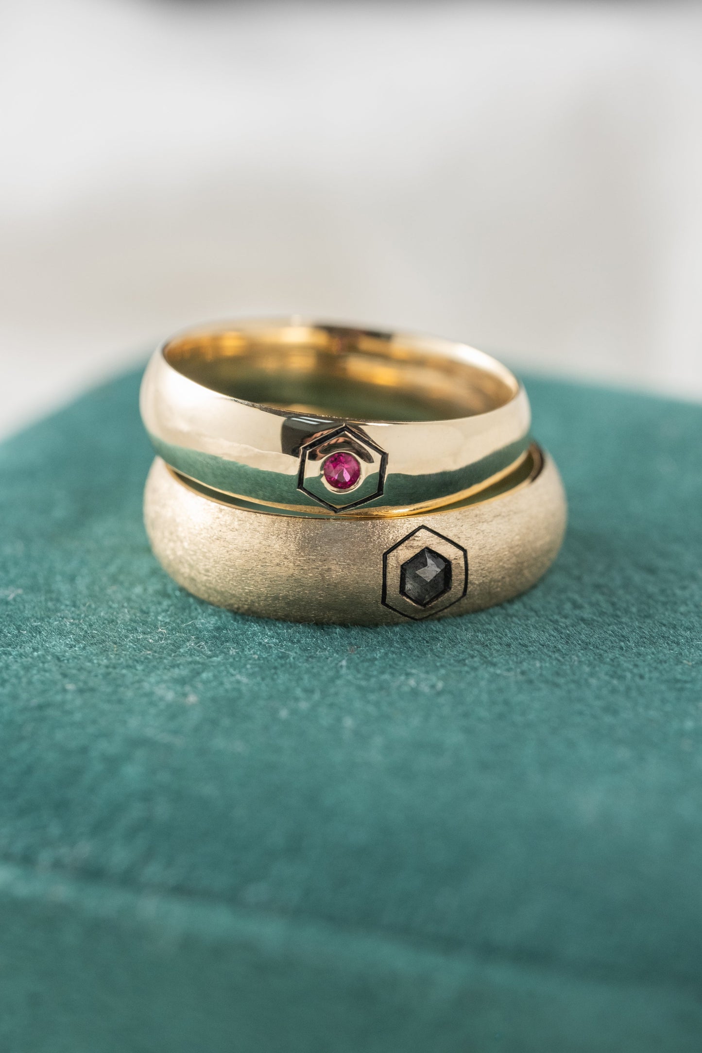 Hexagon Outlined Ruby Half Round Mens Wedding Band, Comfort Fit