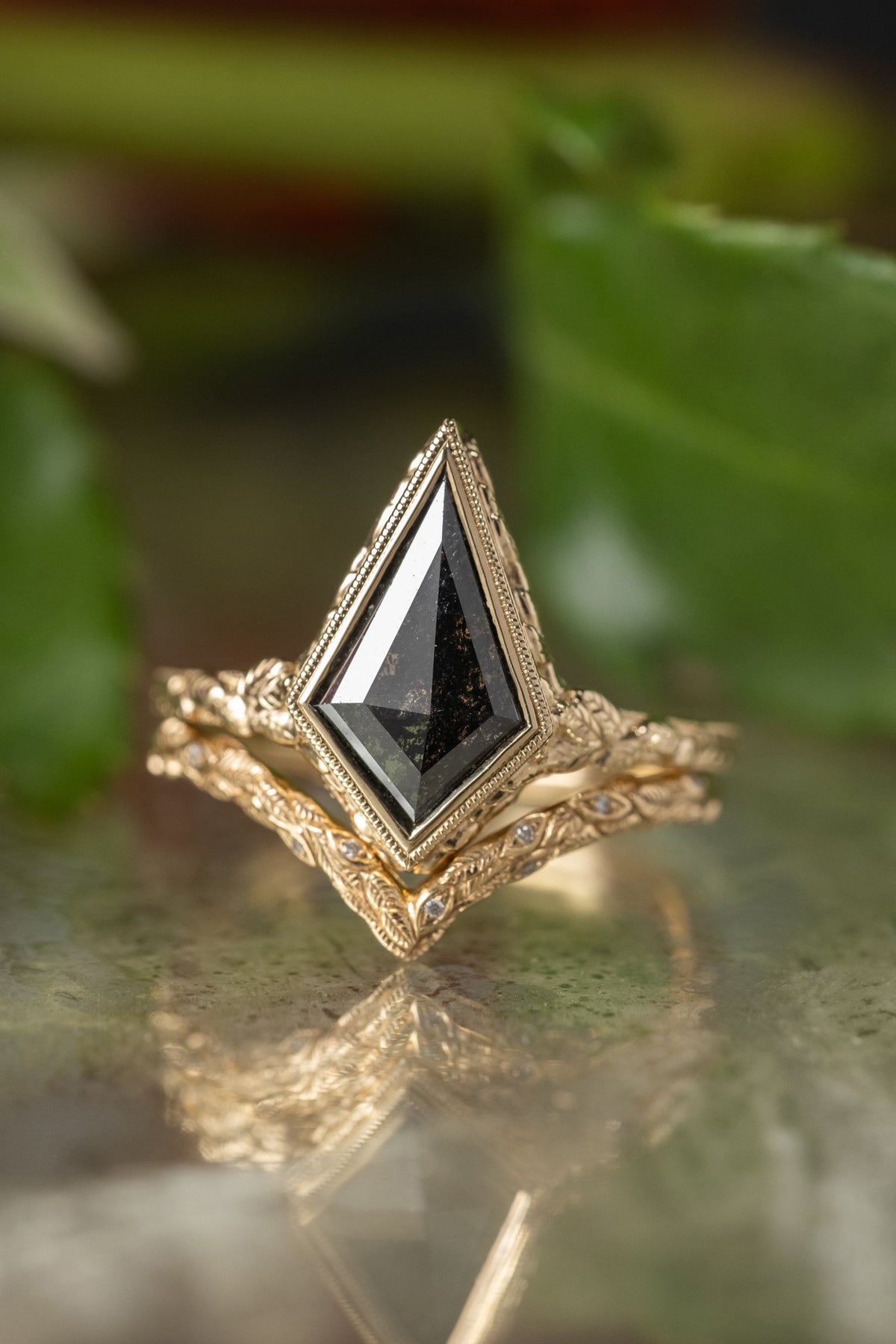 1.42 Carat Black Salt and Pepper Kite Diamond Engagement Ring, Bezel Liana Setting, 14K Yellow Gold