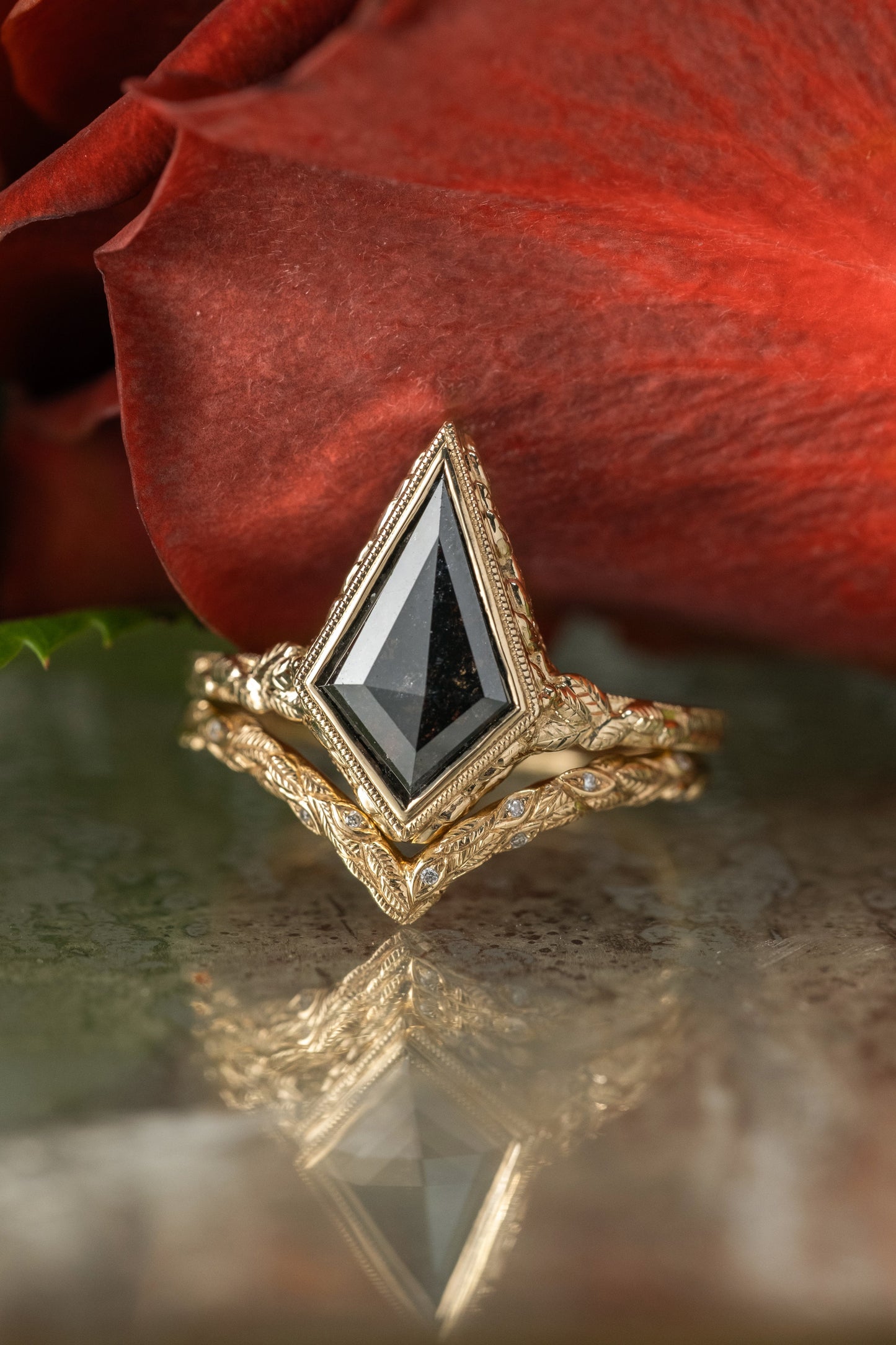 1.42 Carat Black Salt and Pepper Kite Diamond Engagement Ring, Bezel Liana Setting, 14K Yellow Gold