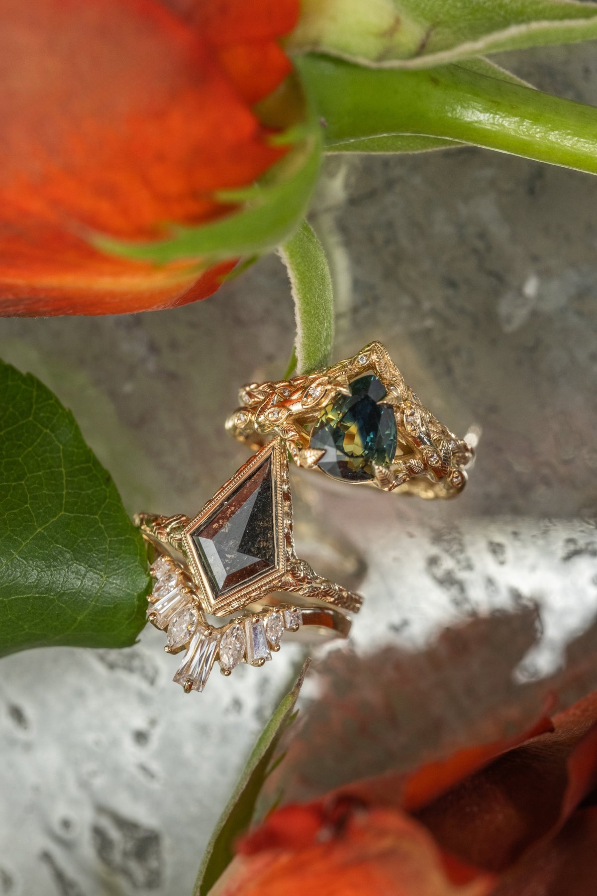 1.42 Carat Black Salt and Pepper Kite Diamond Engagement Ring, Bezel Liana Setting, 14K Yellow Gold
