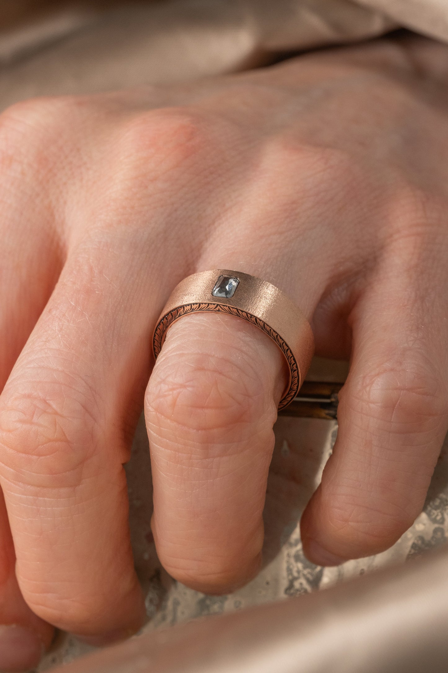 Salt and Pepper Emerald Diamond Mens Engraved Edges Wedding Band, 14K Rose Gold