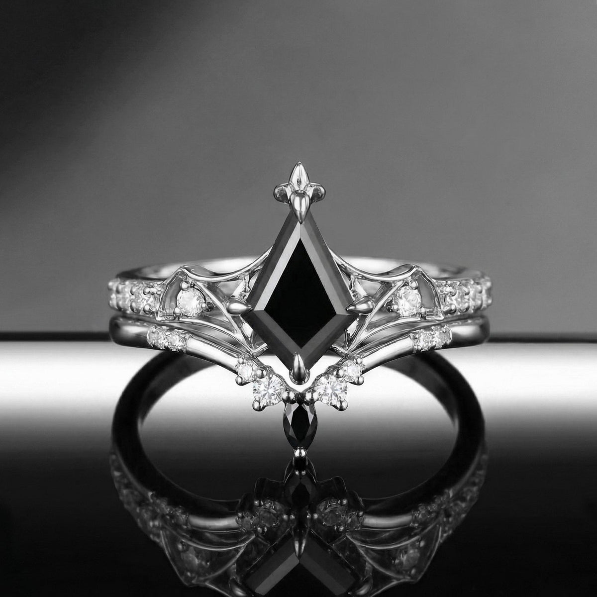 Gothic Bat Ring - Art Deco Kite Cut Black Moissanite Unique Engagement Ring Set