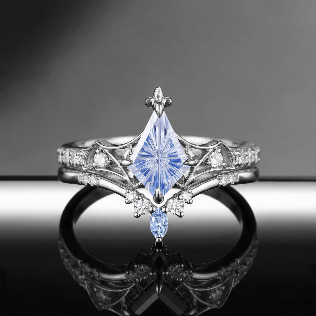 Bat Ring - Fantasy Cut Kite Lab Cornflower Sapphire Gothic Engagement Ring Set with Bat Wing Inspired Band