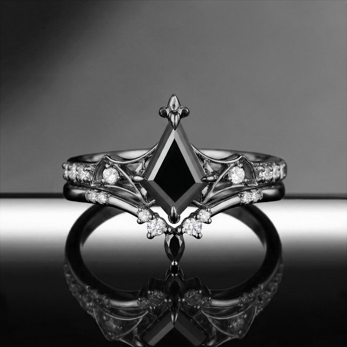 Gothic Bat Ring - Art Deco Kite Cut Black Moissanite Unique Engagement Ring Set