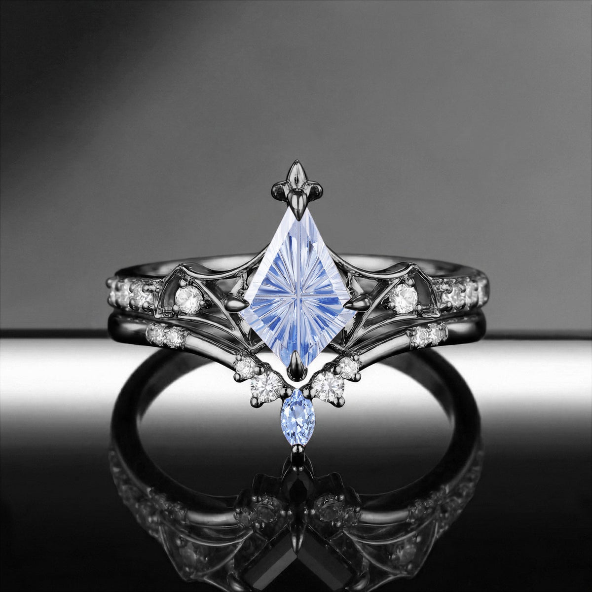 Bat Ring - Fantasy Cut Kite Lab Cornflower Sapphire Gothic Engagement Ring Set with Bat Wing Inspired Band