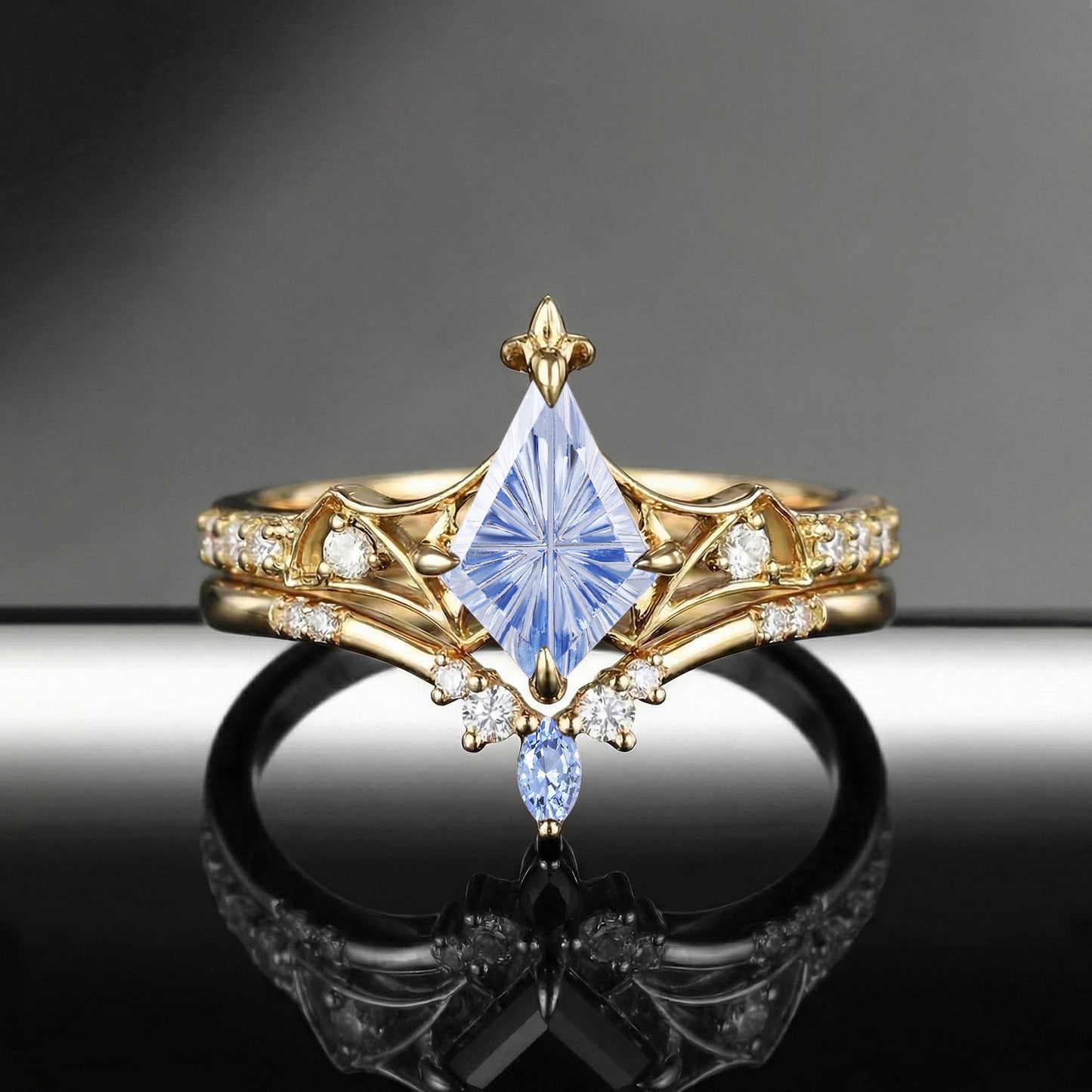 Bat Ring - Fantasy Cut Kite Lab Cornflower Sapphire Gothic Engagement Ring Set with Bat Wing Inspired Band