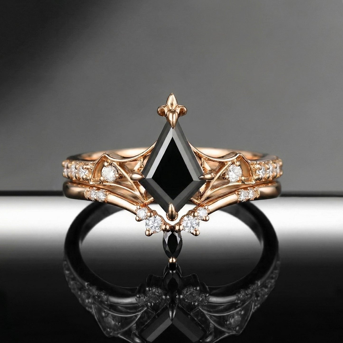 Gothic Bat Ring - Art Deco Kite Cut Black Moissanite Unique Engagement Ring Set