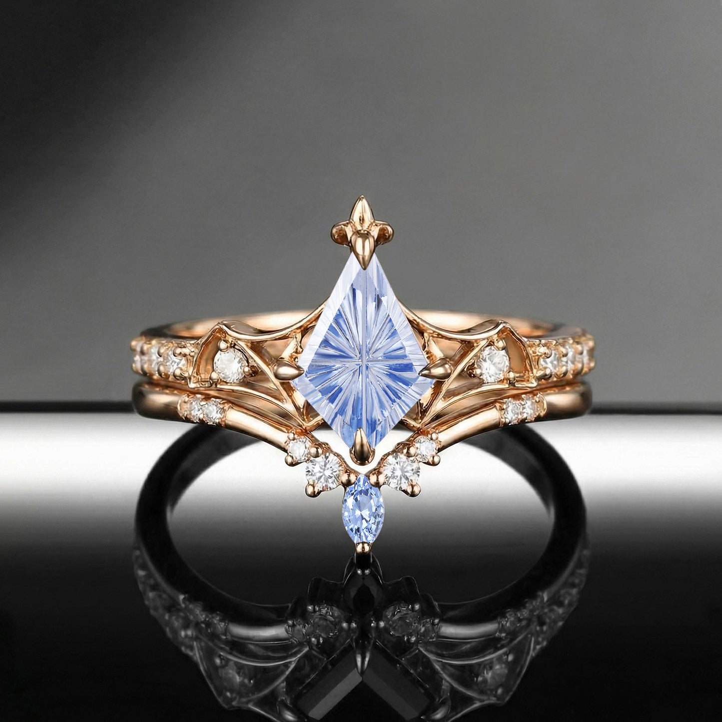 Bat Ring - Fantasy Cut Kite Lab Cornflower Sapphire Gothic Engagement Ring Set with Bat Wing Inspired Band