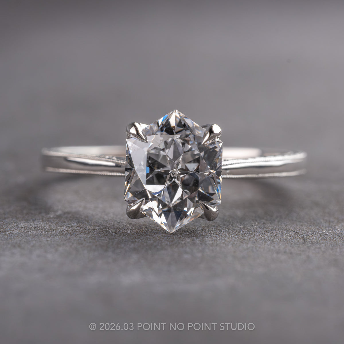 Hexagon Lab Diamond Engagement Ring, Engraved Tulip Setting