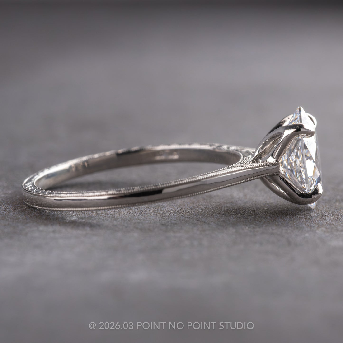 Hexagon Lab Diamond Engagement Ring, Engraved Tulip Setting