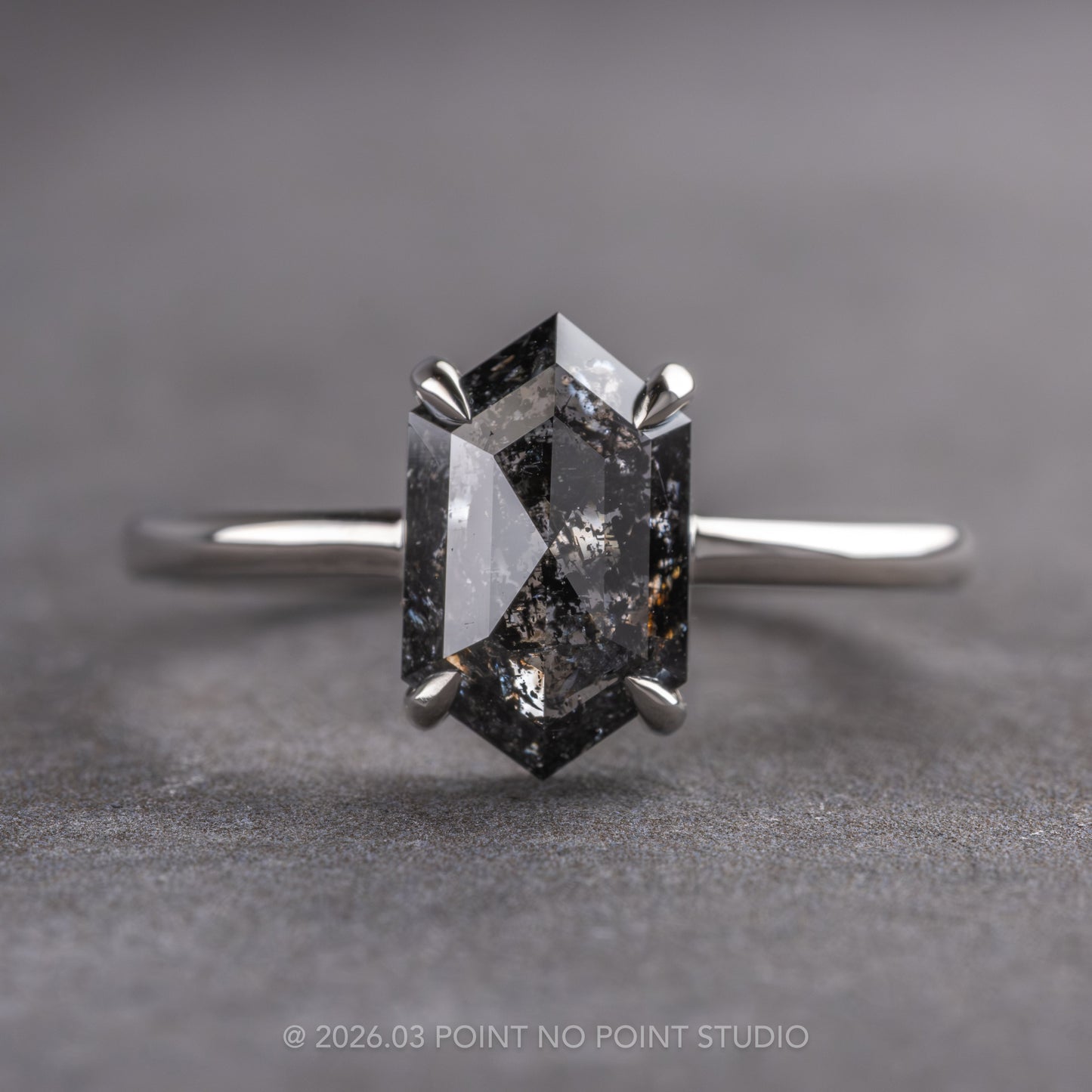 1.87 Carat Black Salt and Pepper Hexagon Diamond Engagement Ring, Jane Setting, 14k White Gold