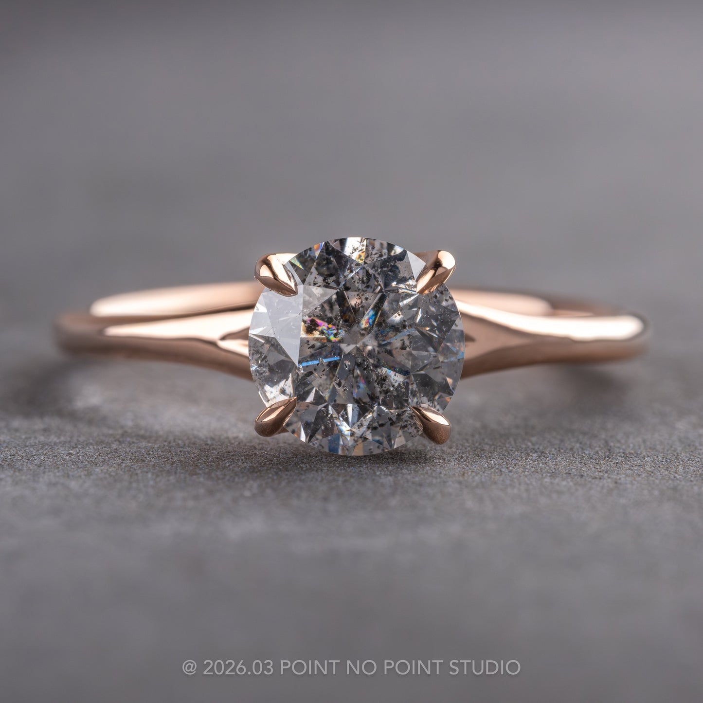 1.55 Carat Canadian Salt and Pepper Round Diamond Engagement Ring, Solene Setting, 14k Rose Gold